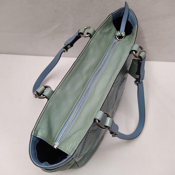 Coach Blue Patent Leather Signature C Embossed Double Handles Pockets Tote Bag - Picture 9 of 16